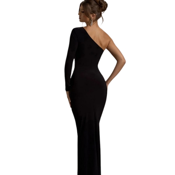 NWT CLUB L London DOLL Maxi Dress One Shoulder Ruched Split Hem Stretch Jersey 8 - Picture 4 of 16